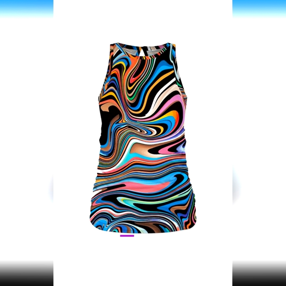 Blue & pink swirl abstract ruched high neck tank